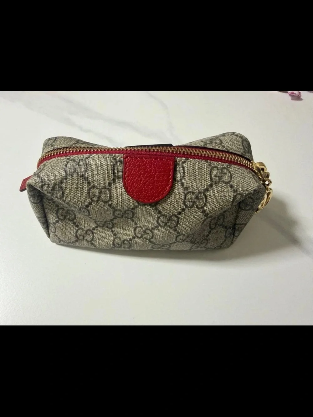 Gucci Beige GG Canvas Cosmetic Pouch with Red Trim and Gold Hardware